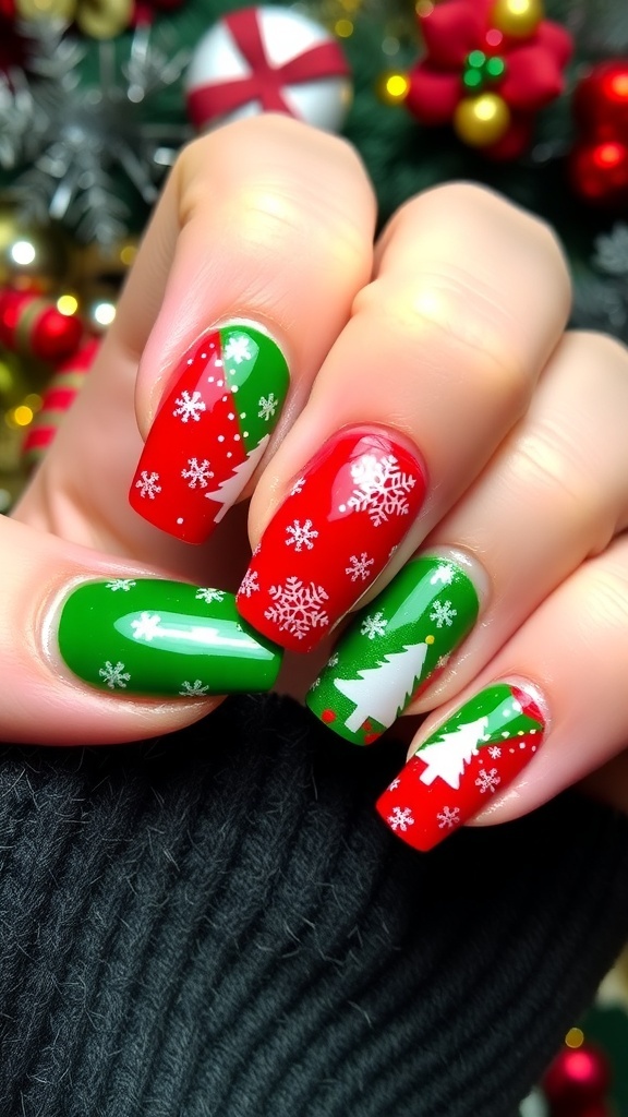 Christmas-themed nail art with red, green, and white designs, featuring snowflakes and Christmas trees.